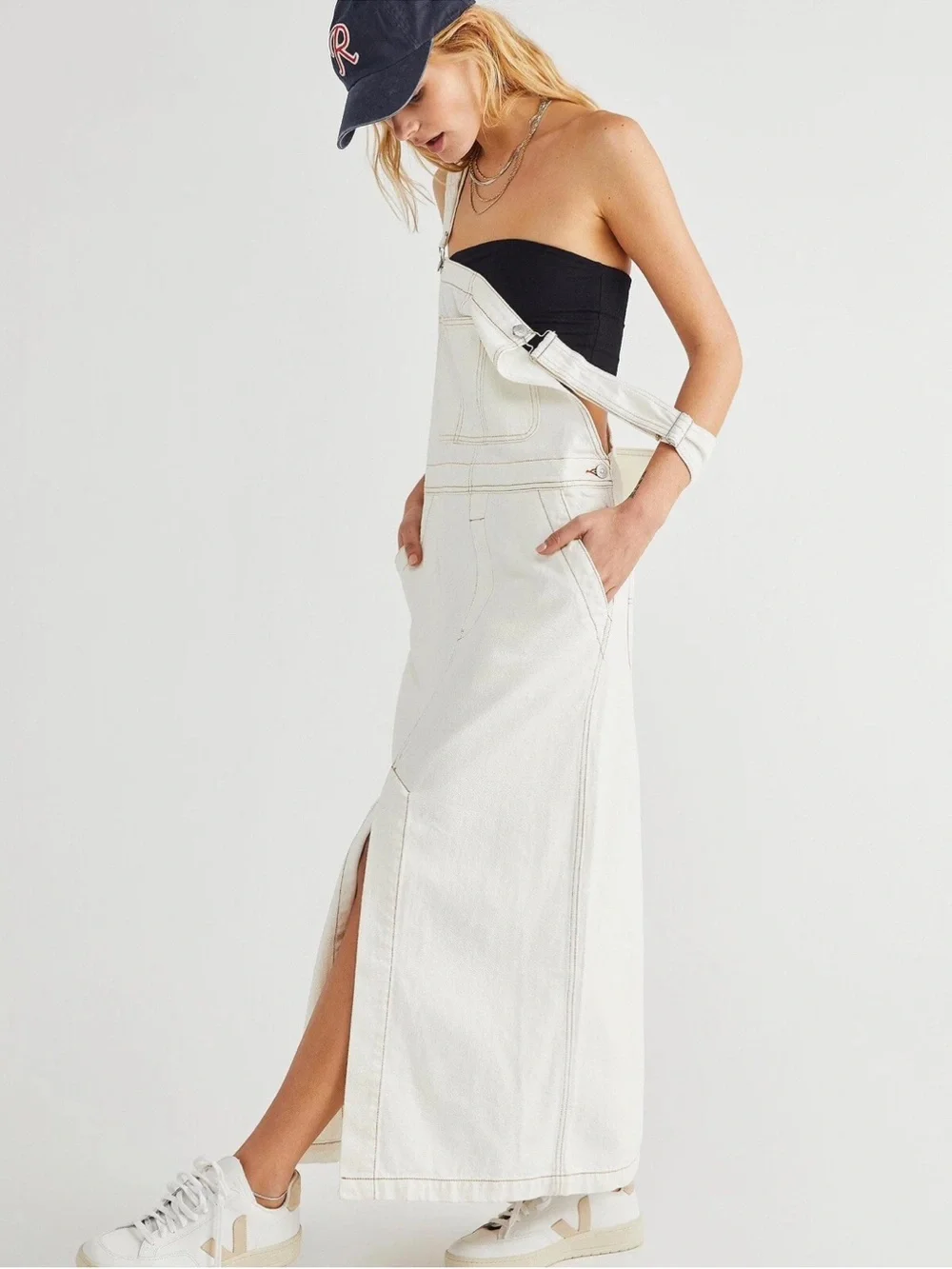 Free People We The Free Holly Skirtall Off-White Denim Maxi Overall